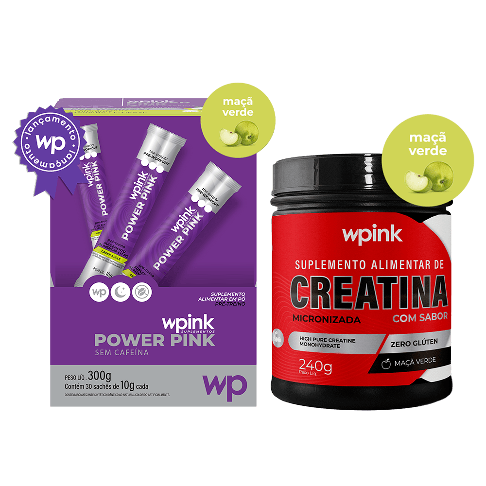 Power pink sem cafeína maçã verde 300g + creatina de maçã verde 240g - wp