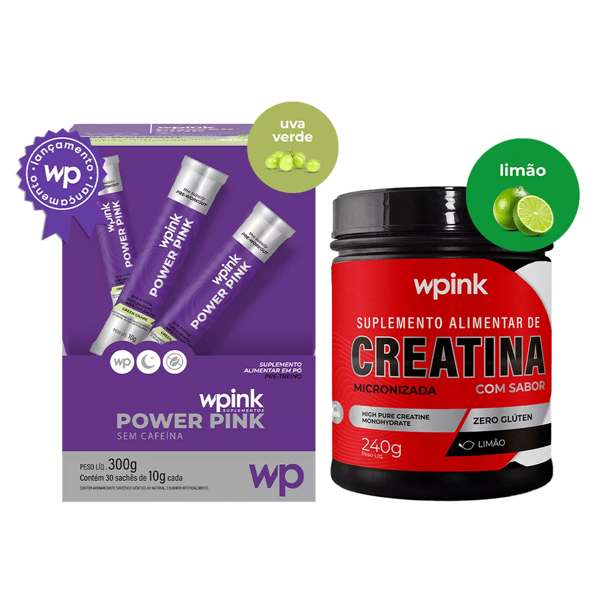 Power pink sem cafeína uva verde 300g + creatina de limão 240g - wp