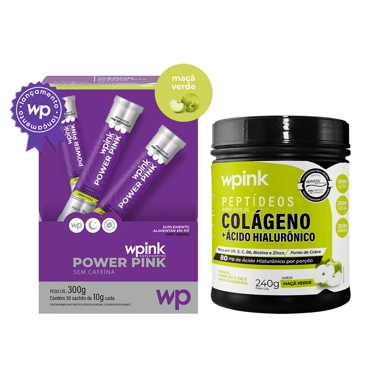Power pink sem cafeína maçã verde 300g + colágeno de maçã verde 240g - wp