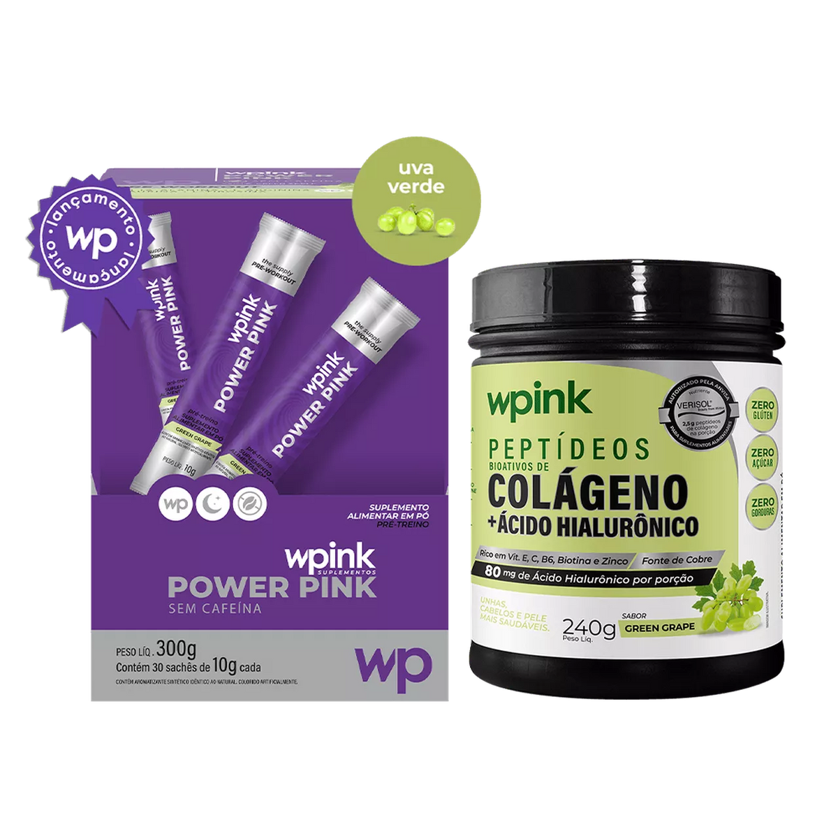 Power pink sem cafeína uva verde 300g + colágeno de uva verde 240g - wp