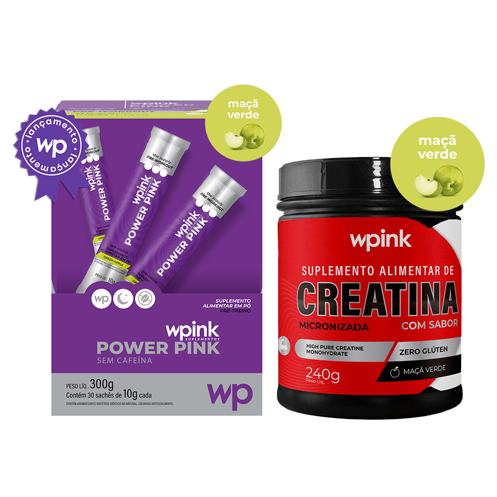 Power pink sem cafeína maçã verde 300g + creatina de maçã verde 240g - wp